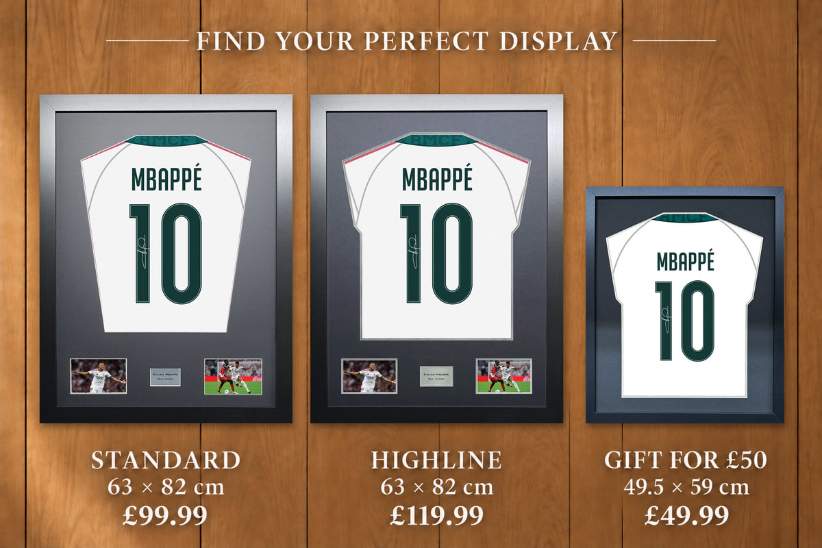 Kylian Mbappe display comparison: Standard £99.99 and Highline £119.99, both 63 x 82 cm; Gift for £50 £49.99, 49.5 x 59 cm, with smaller name and number.