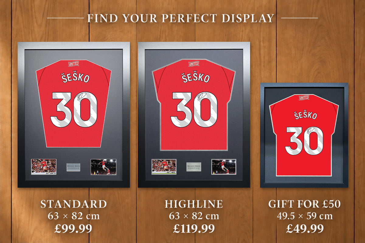 Benjamin Sesko display comparison: Standard £99.99 and Highline £119.99, both 63 x 82 cm; Gift for £50 £49.99, 49.5 x 59 cm, with smaller name and number.