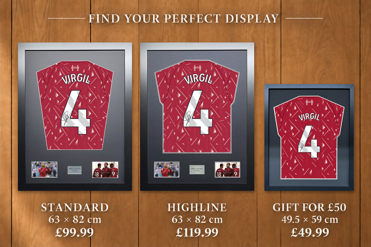 Virgil Van Dijk display comparison: Standard £99.99 and Highline £119.99, both 63 x 82 cm; Gift for £50 £49.99, 49.5 x 59 cm, with smaller name and number.