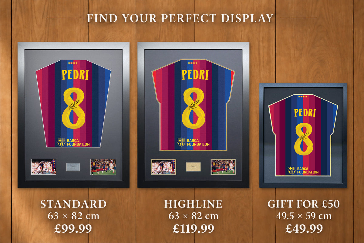 Pedri display comparison: Standard £99.99 and Highline £119.99, both 63 x 82 cm; Gift for £50 £49.99, 49.5 x 59 cm, with smaller name and number.