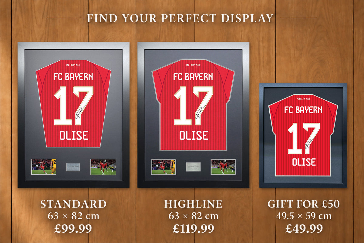 Michael Olise display comparison: Standard £99.99 and Highline £119.99, both 63 x 82 cm; Gift for £50 £49.99, 49.5 x 59 cm, with smaller name and number.