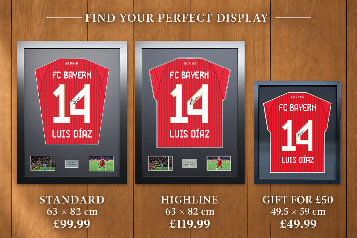 Luis Diaz display comparison: Standard £99.99 and Highline £119.99, both 63 x 82 cm; Gift for £50 £49.99, 49.5 x 59 cm, with smaller name and number.