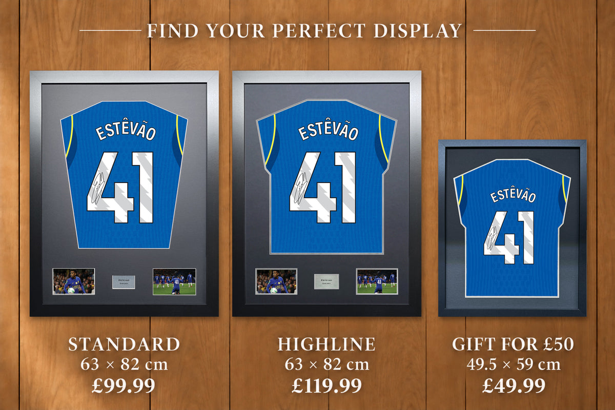Estevao display comparison: Standard £99.99 and Highline £119.99, both 63 x 82 cm; Gift for £50 £49.99, 49.5 x 59 cm, with smaller name and number.