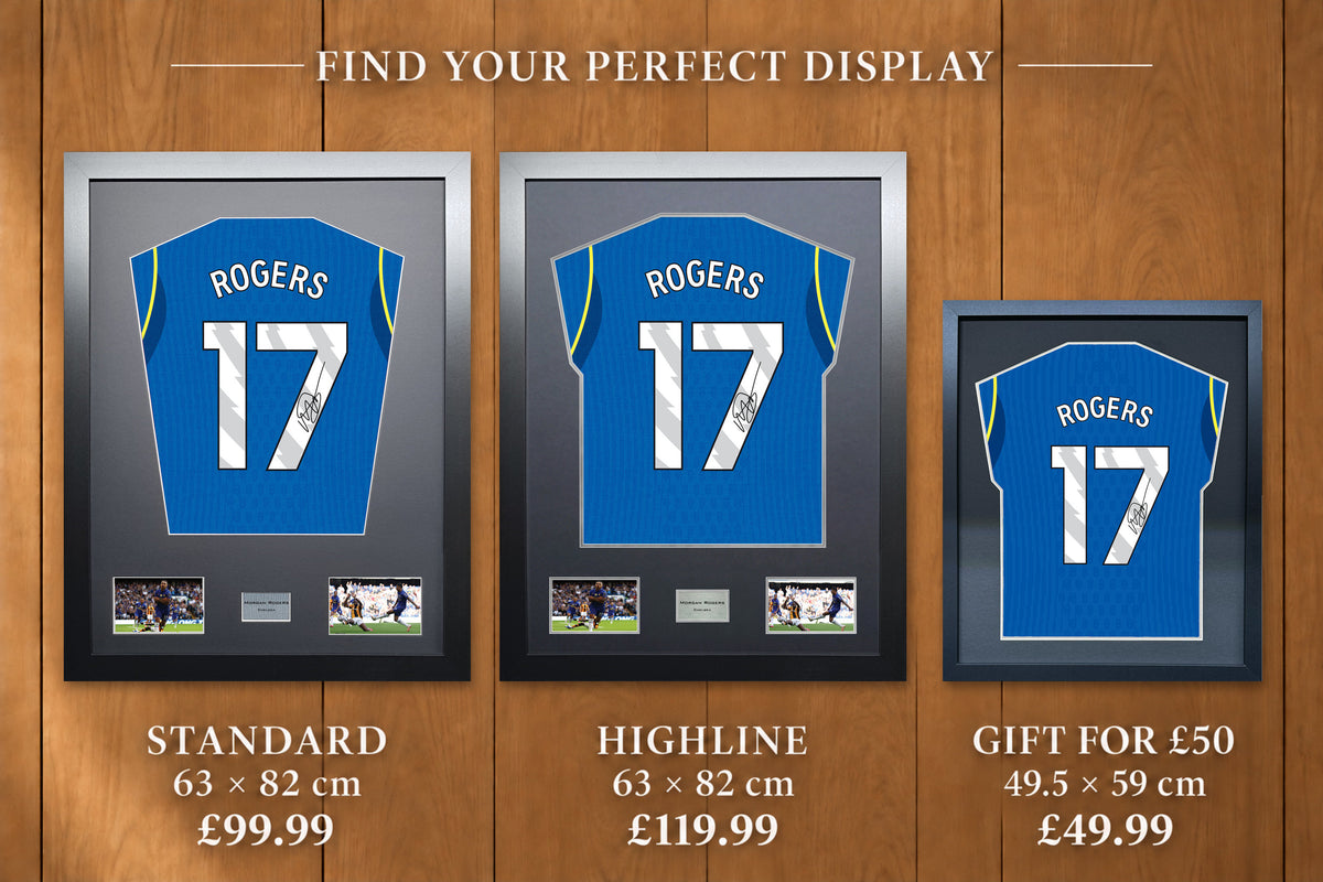 Morgan Rogers display comparison: Standard £99.99 and Highline £119.99, both 63 x 82 cm; Gift for £50 £49.99, 49.5 x 59 cm, with smaller name and number.