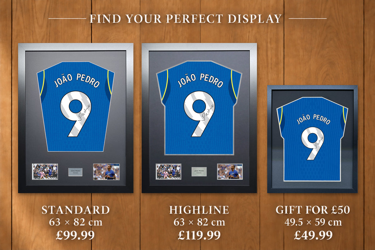 Joao Pedro display comparison: Standard £99.99 and Highline £119.99, both 63 x 82 cm; Gift for £50 £49.99, 49.5 x 59 cm, with smaller name and number.