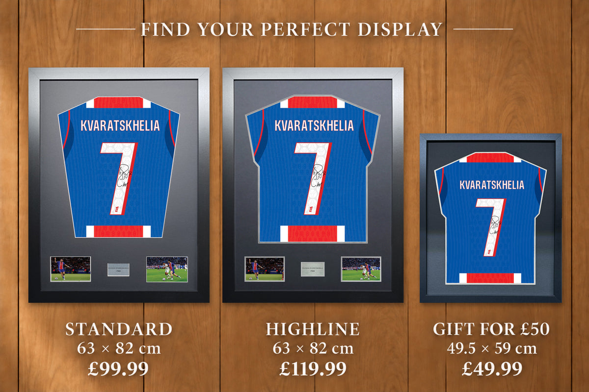 Khvicha Kvaratskhelia display comparison: Standard £99.99 and Highline £119.99, both 63 x 82 cm; Gift for £50 £49.99, 49.5 x 59 cm, with smaller name and number.