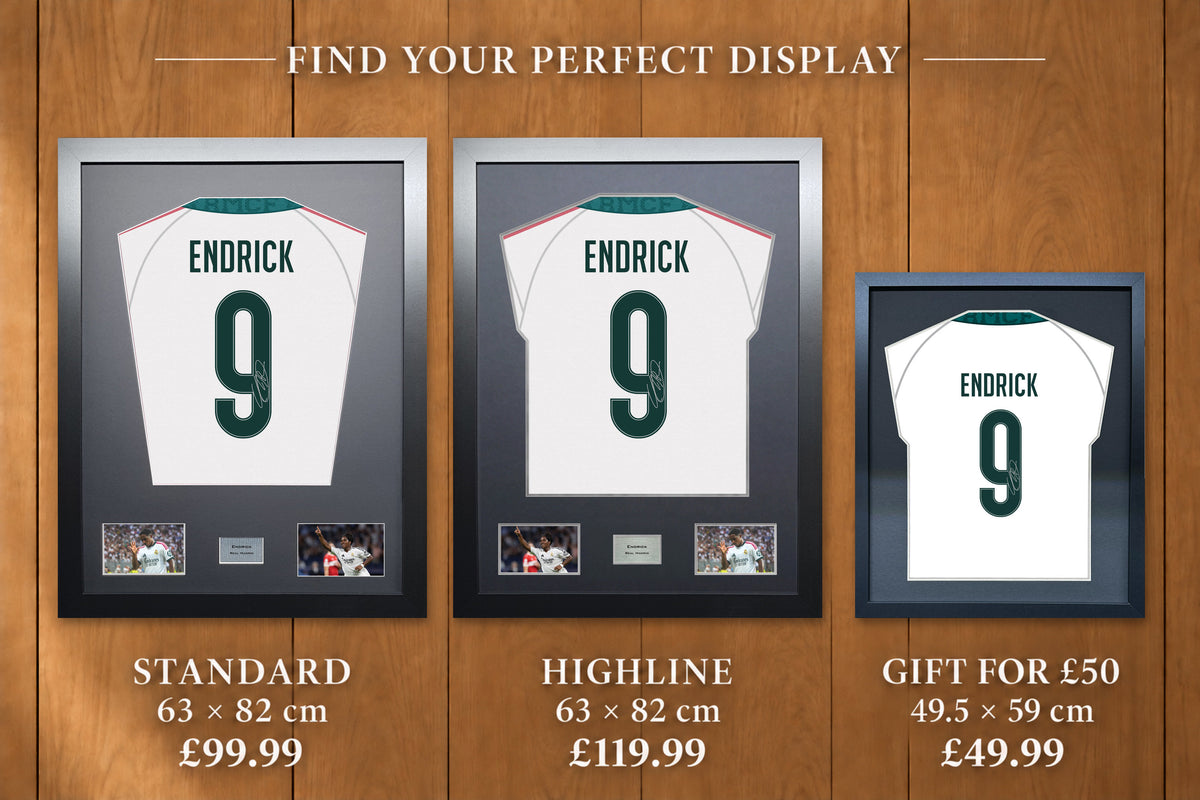 Endrick display comparison: Standard £99.99 and Highline £119.99, both 63 x 82 cm; Gift for £50 £49.99, 49.5 x 59 cm, with smaller name and number.