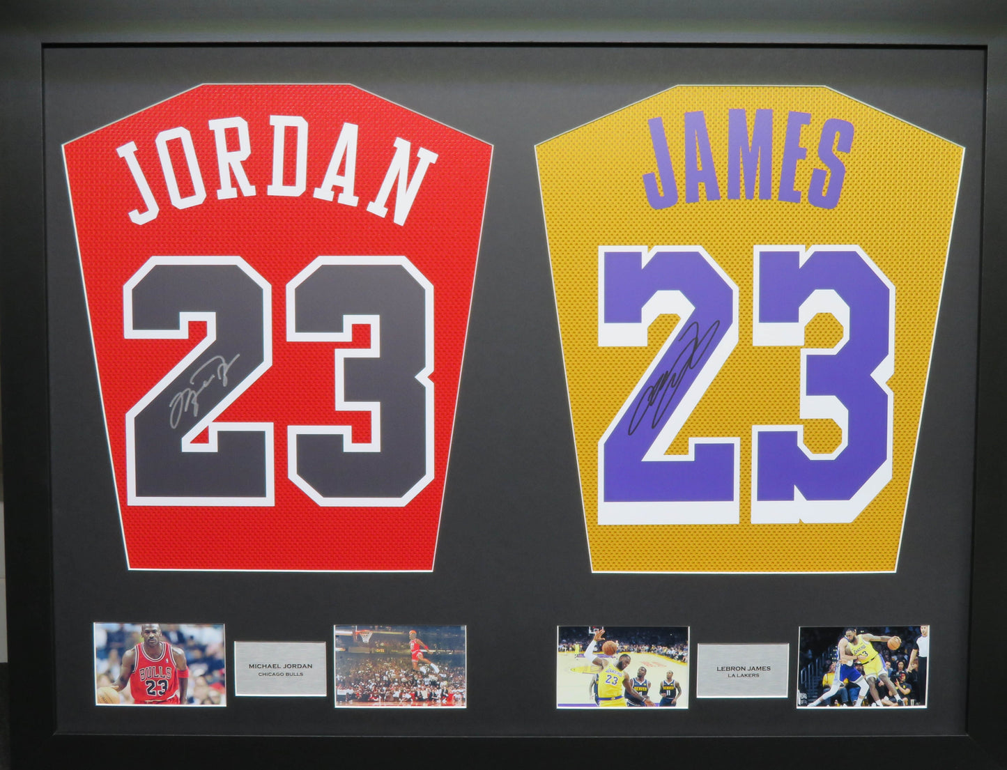 Jordan and James Chicago Bulls and LA Lakers signed Jersey Display