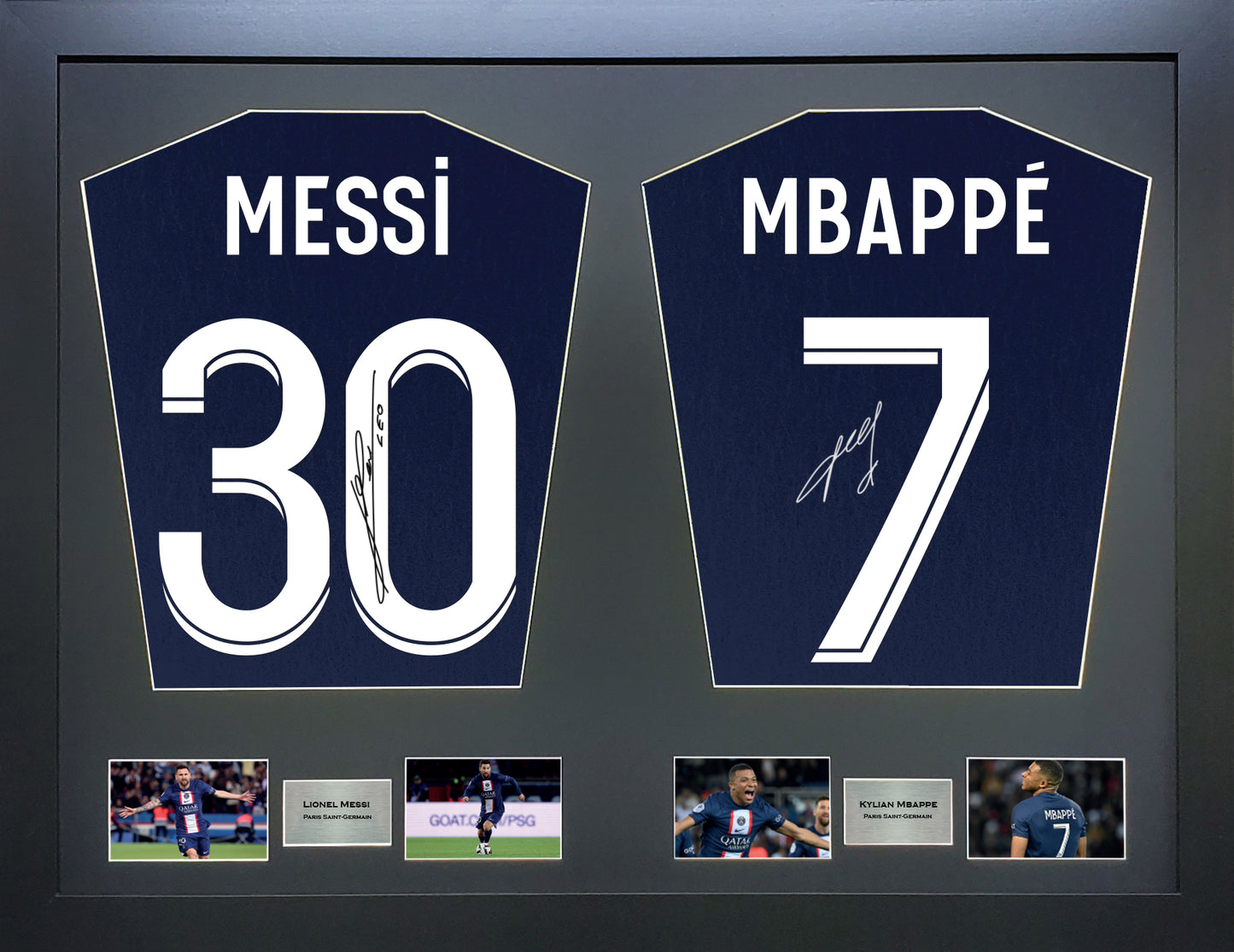 Messi and Mbappe PSG signed Shirt Frame