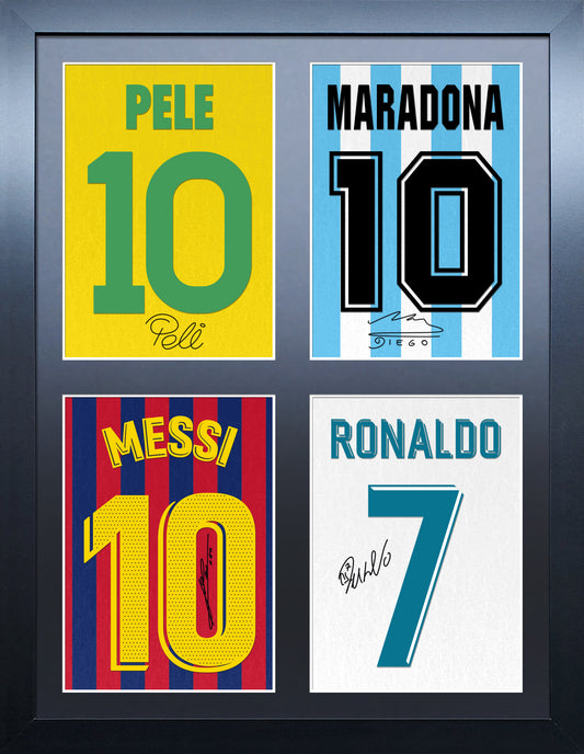 Pele Maradona Messi and Ronaldo signed Shirt Frame