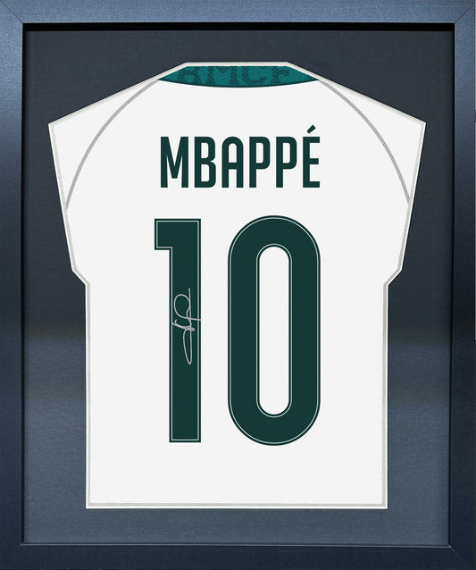 Kylian Mbappe compact Gift 450 framed football display with black/silver mount and machine-applied pen signature