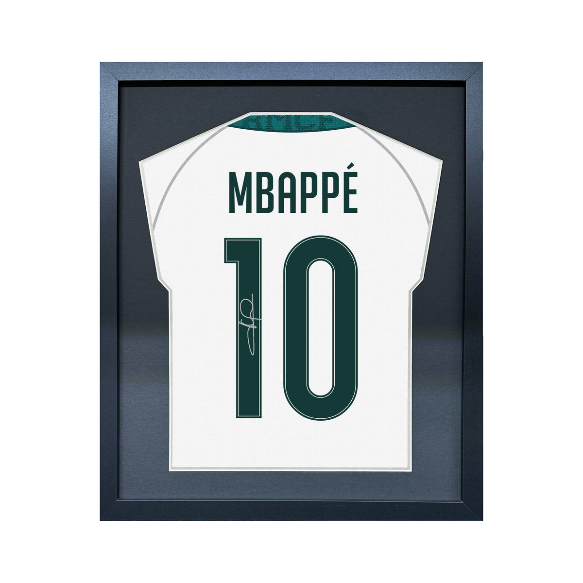 Kylian Mbappe compact Gift 450 framed football display with black/silver mount and machine-applied pen signature on white background