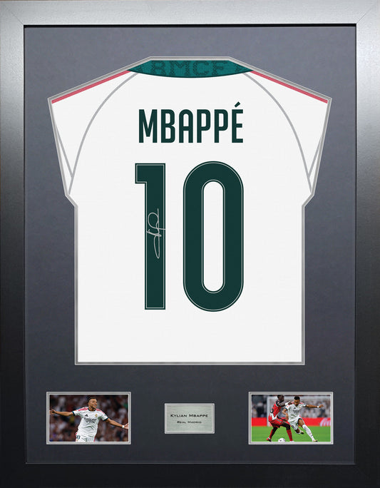 Kylian Mbappe Highline framed football shirt display with machine-applied signature and black/silver mount
