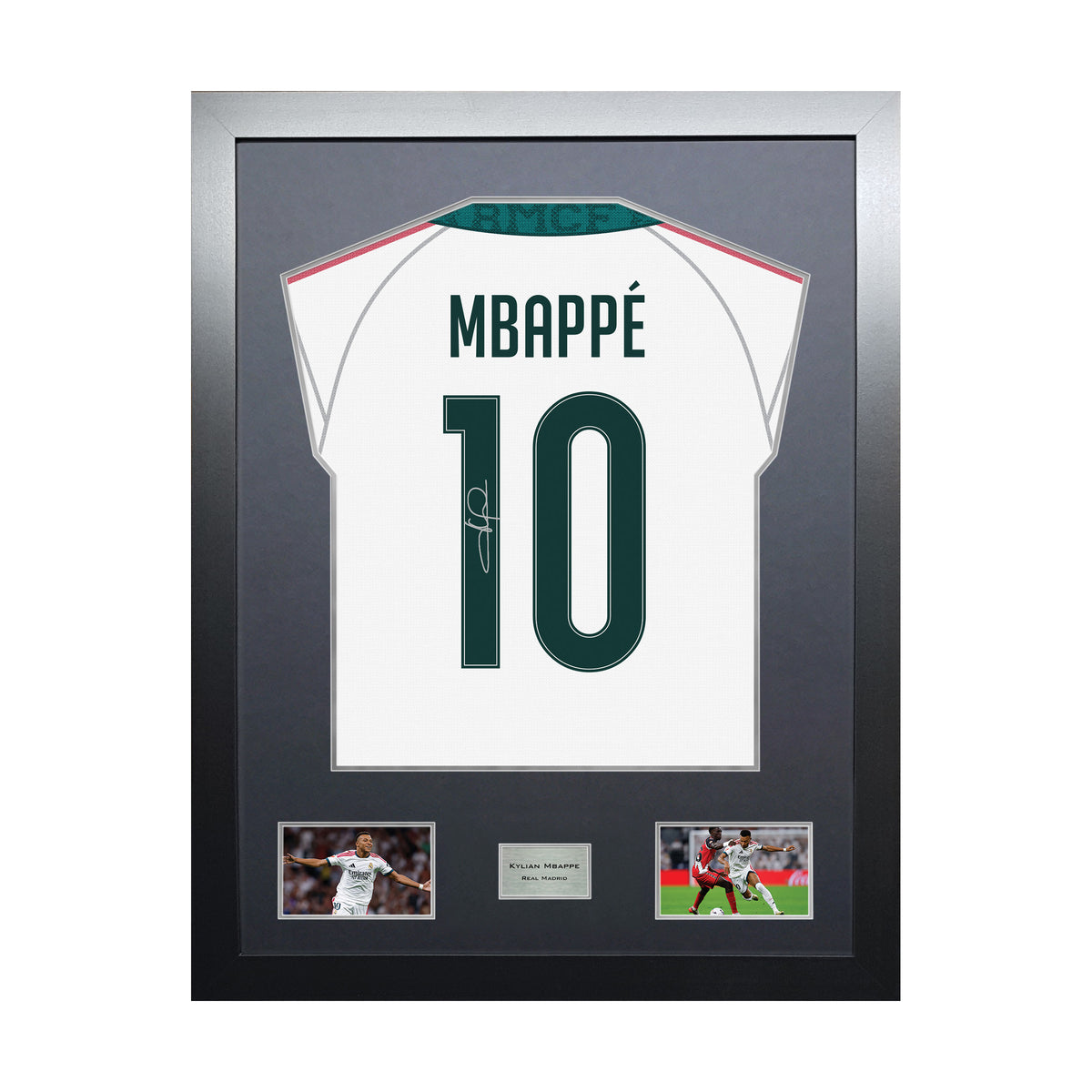 Kylian Mbappe Highline framed football shirt display with machine-applied signature and black/silver mount on white background