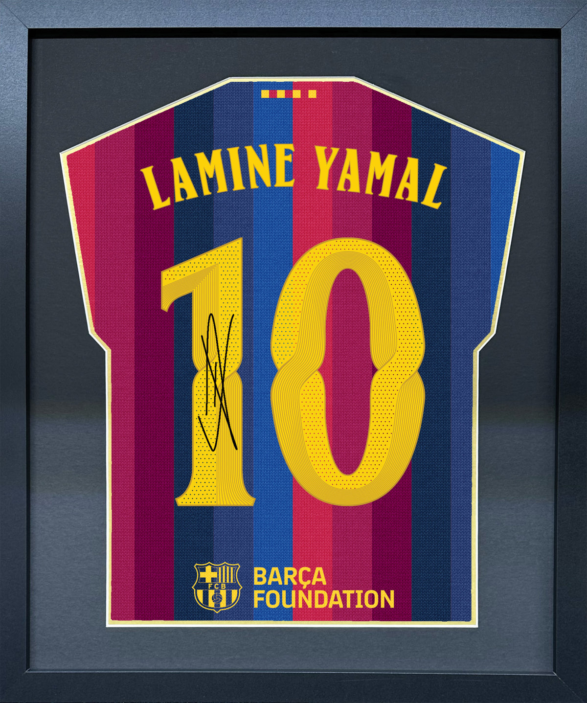 Lamine Yamal compact Gift 450 framed football display with black/gold mount and machine-applied pen signature