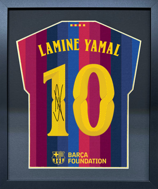 Lamine Yamal compact Gift 450 framed football display with black/gold mount and machine-applied pen signature