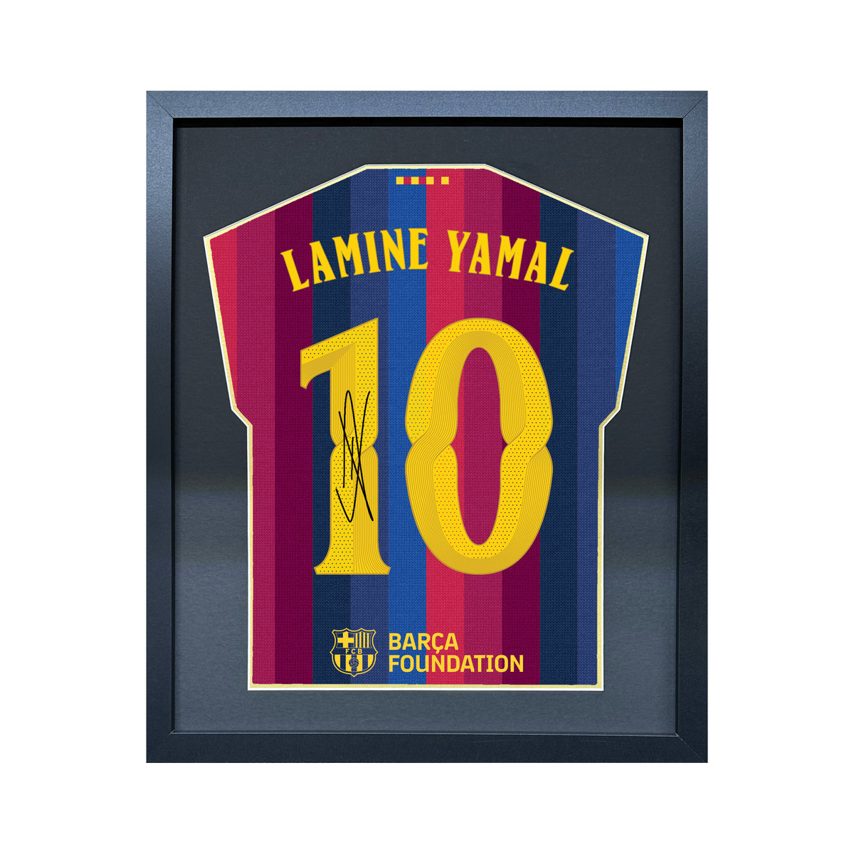 Lamine Yamal compact Gift 450 framed football display with black/gold mount and machine-applied pen signature on white background