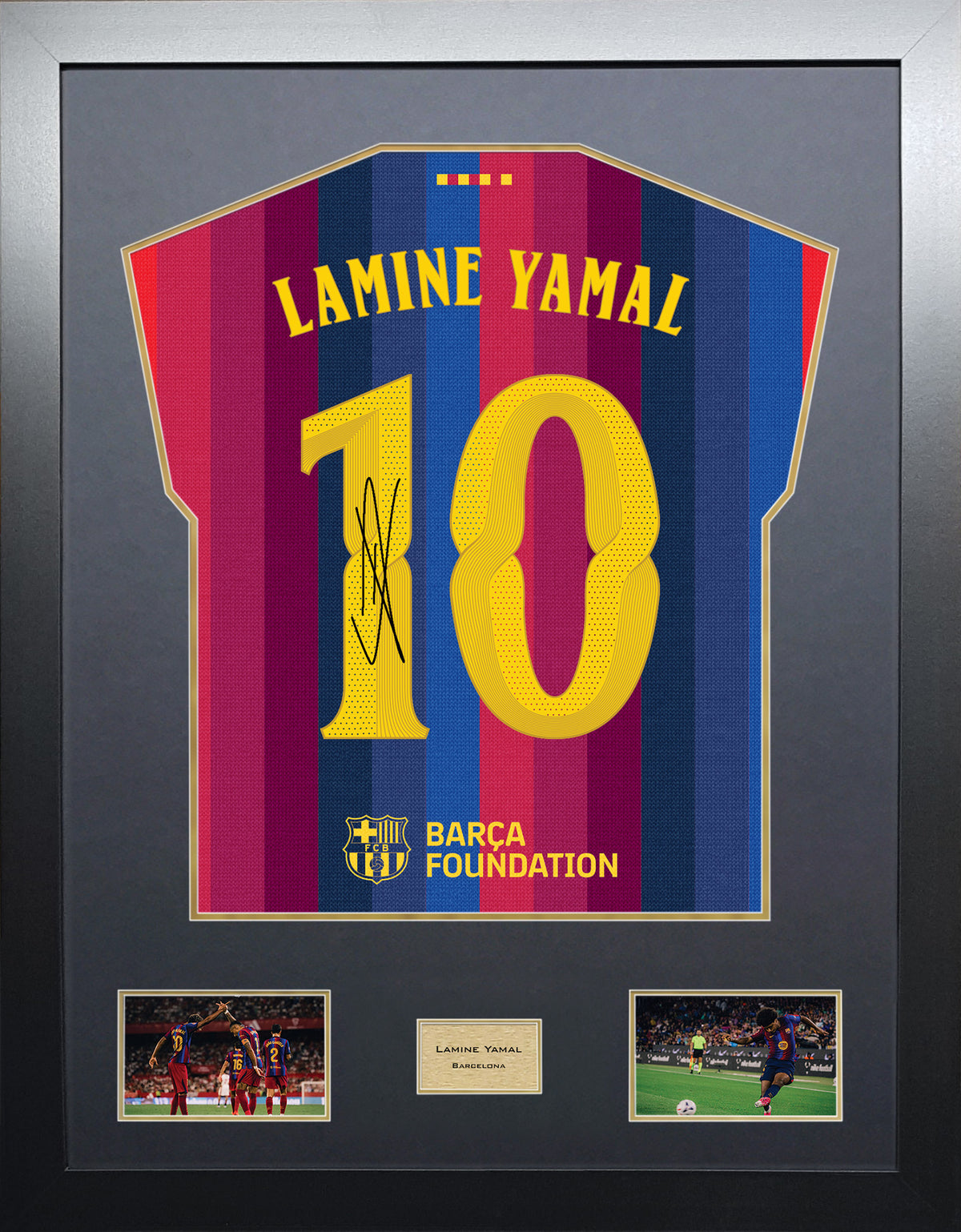 Lamine Yamal Highline framed football shirt display with machine-applied signature and black/gold mount