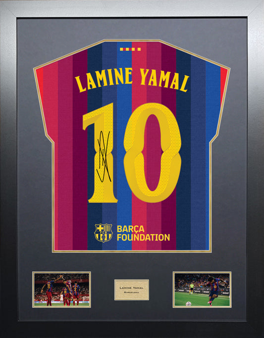 Lamine Yamal Highline framed football shirt display with machine-applied signature and black/gold mount