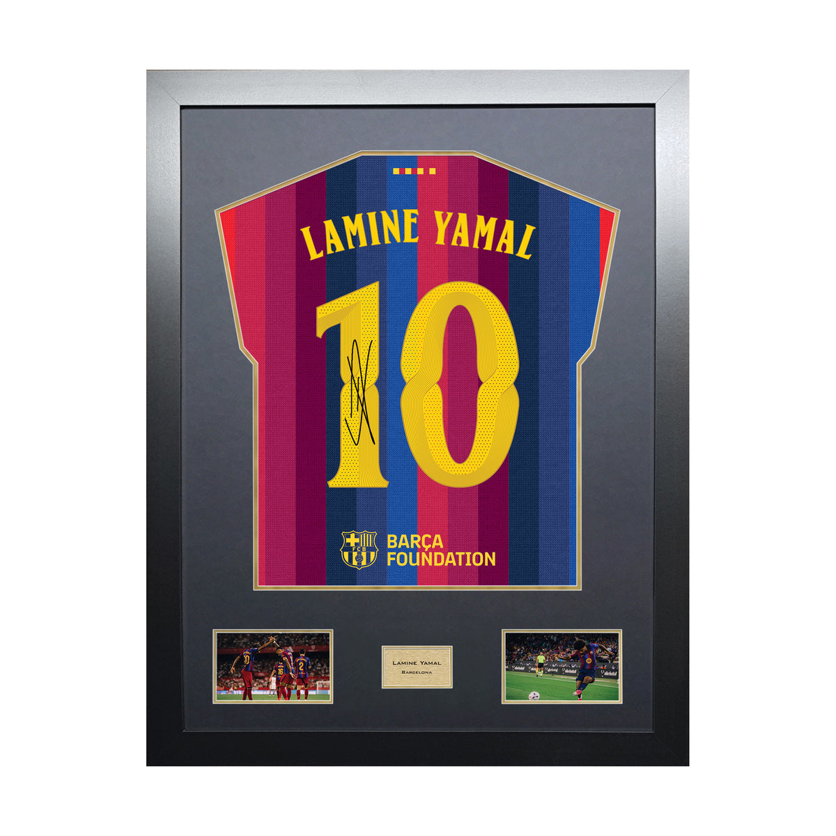 Lamine Yamal Highline framed football shirt display with machine-applied signature and black/gold mount on white background
