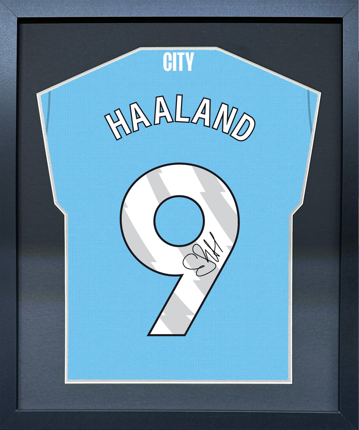 Erling Haaland compact Gift 450 framed football display with black/silver mount and machine-applied pen signature