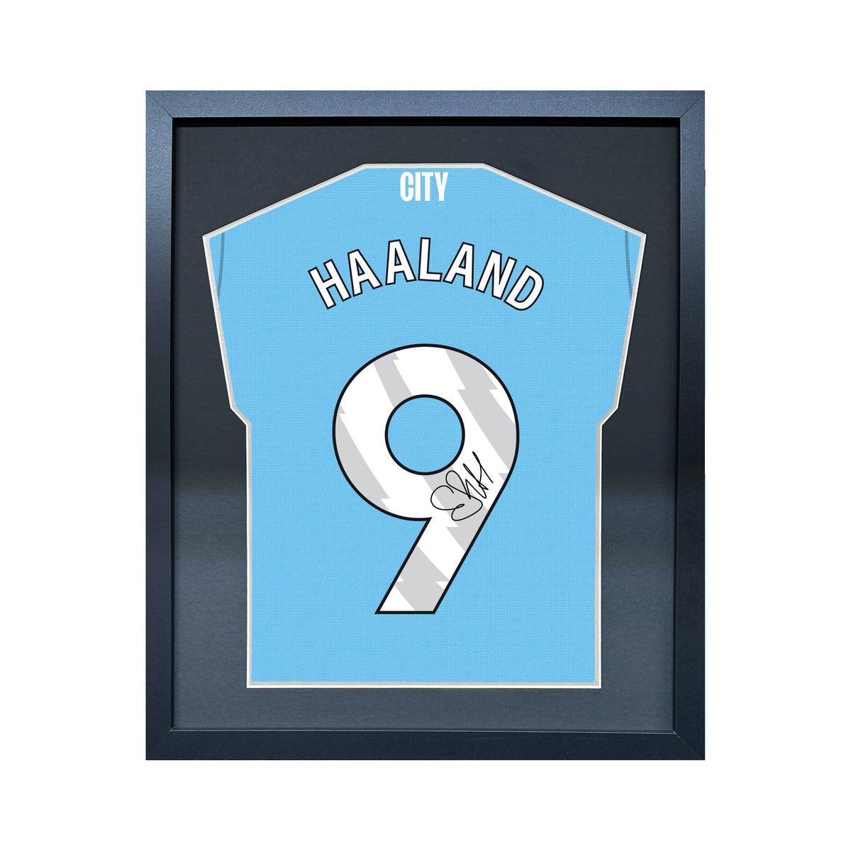 Erling Haaland compact Gift 450 framed football display with black/silver mount and machine-applied pen signature on white background