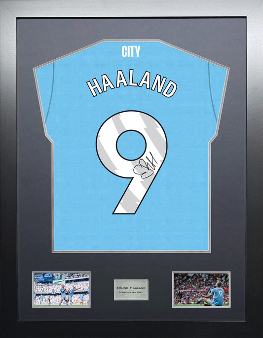 Erling Haaland Highline framed football shirt display with machine-applied signature and black/silver mount