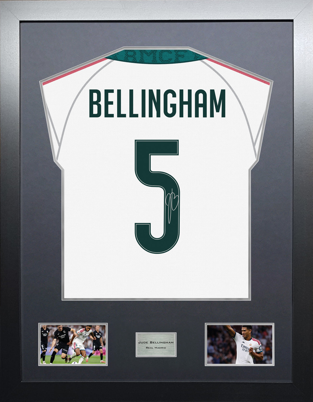 Jude Bellingham Highline framed football shirt display with machine-applied signature and black/silver mount