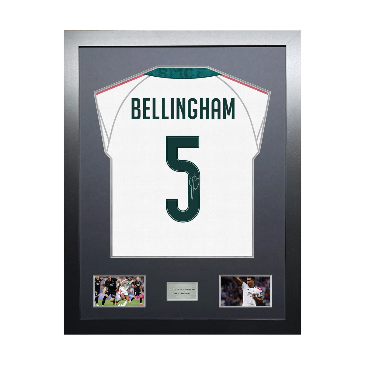 Jude Bellingham Highline framed football shirt display with machine-applied signature and black/silver mount on white background