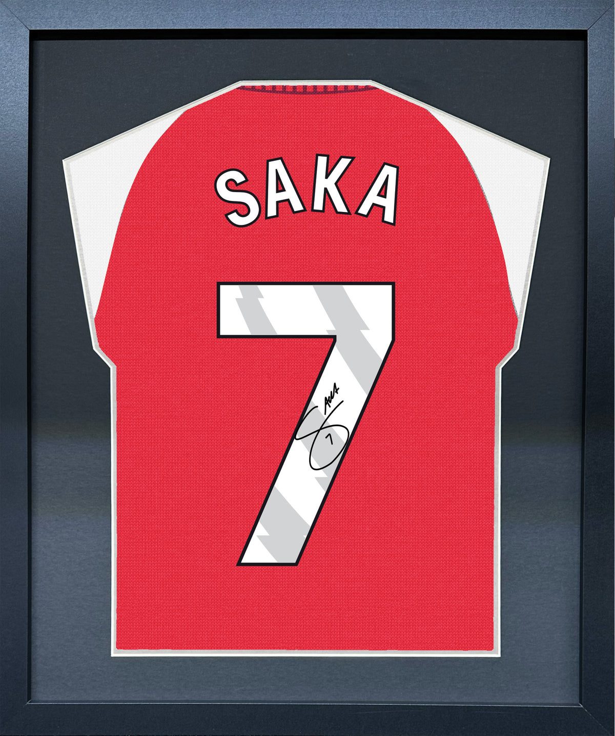 Bukayo Saka compact Gift 450 framed football display with black/silver mount and machine-applied pen signature