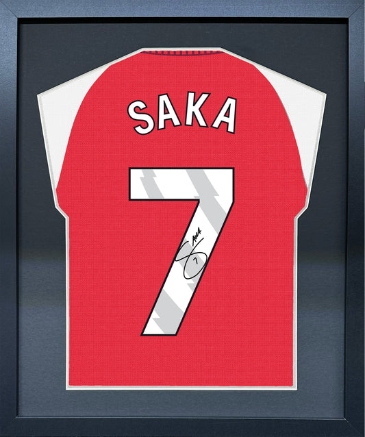 Bukayo Saka compact Gift 450 framed football display with black/silver mount and machine-applied pen signature