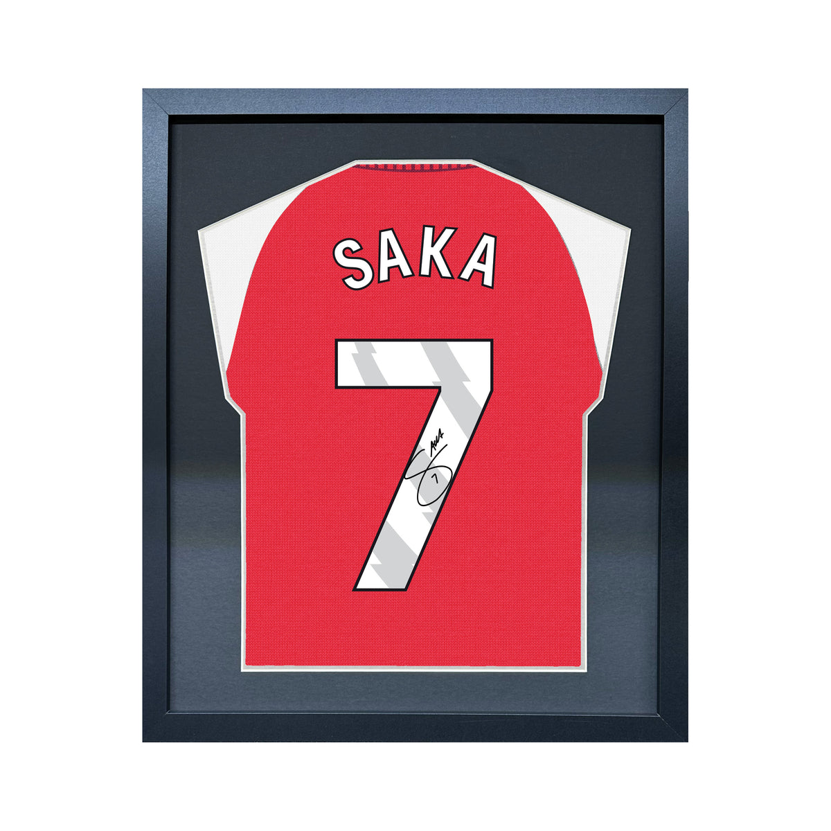Bukayo Saka compact Gift 450 framed football display with black/silver mount and machine-applied pen signature on white background