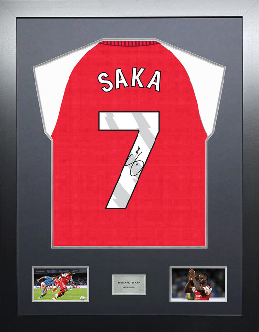 Bukayo Saka Highline framed football shirt display with machine-applied signature and black/silver mount