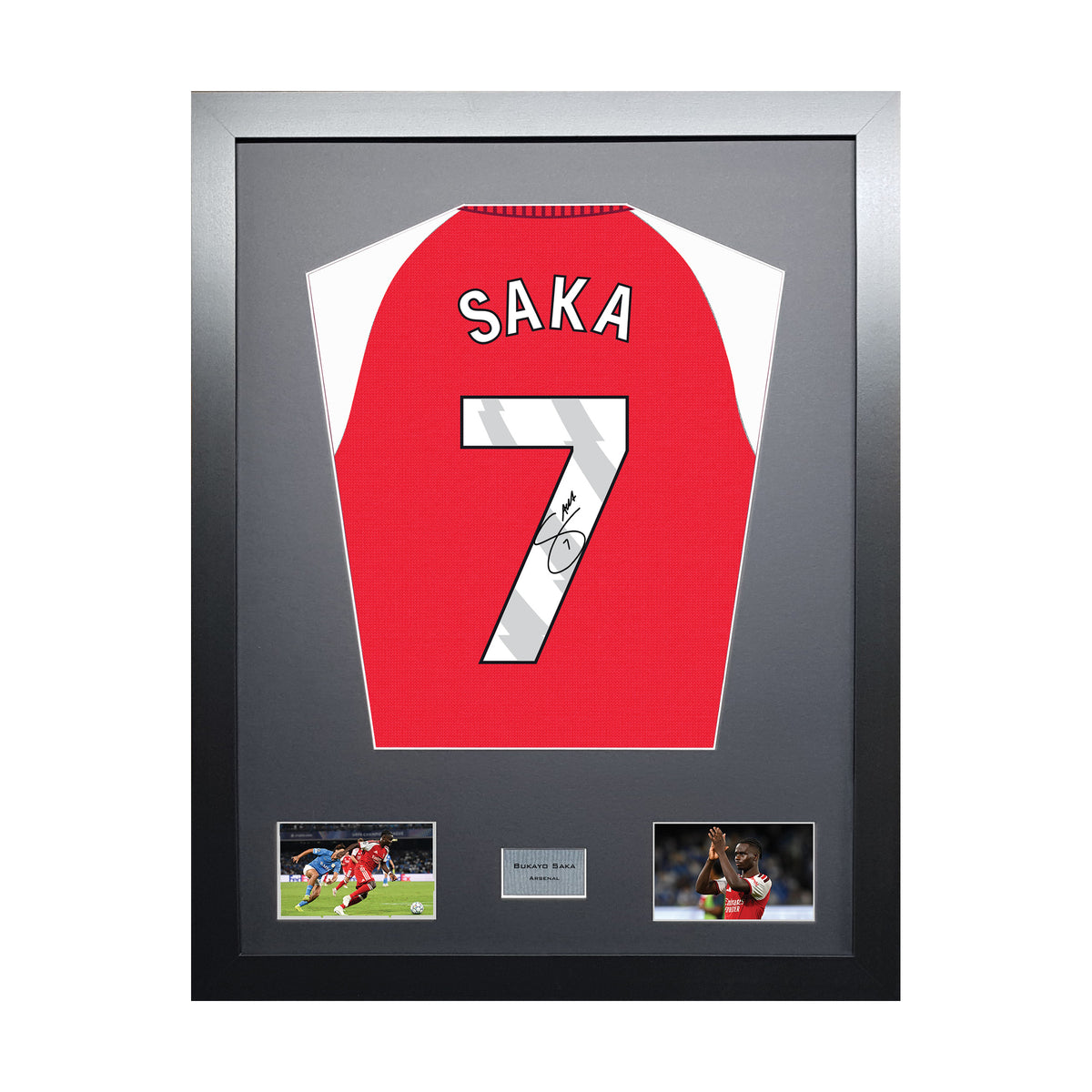 Bukayo Saka Standard framed football shirt display with machine-applied signature on white background
