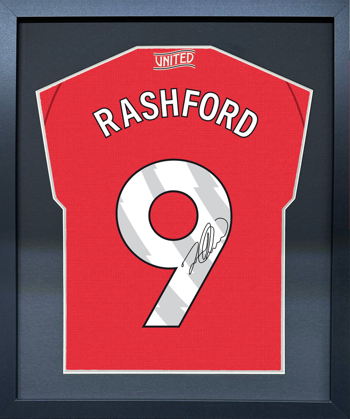 Marcus Rashford compact Gift 450 framed football display with black/silver mount and machine-applied pen signature