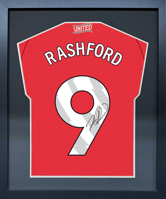 Marcus Rashford compact Gift 450 framed football display with black/silver mount and machine-applied pen signature