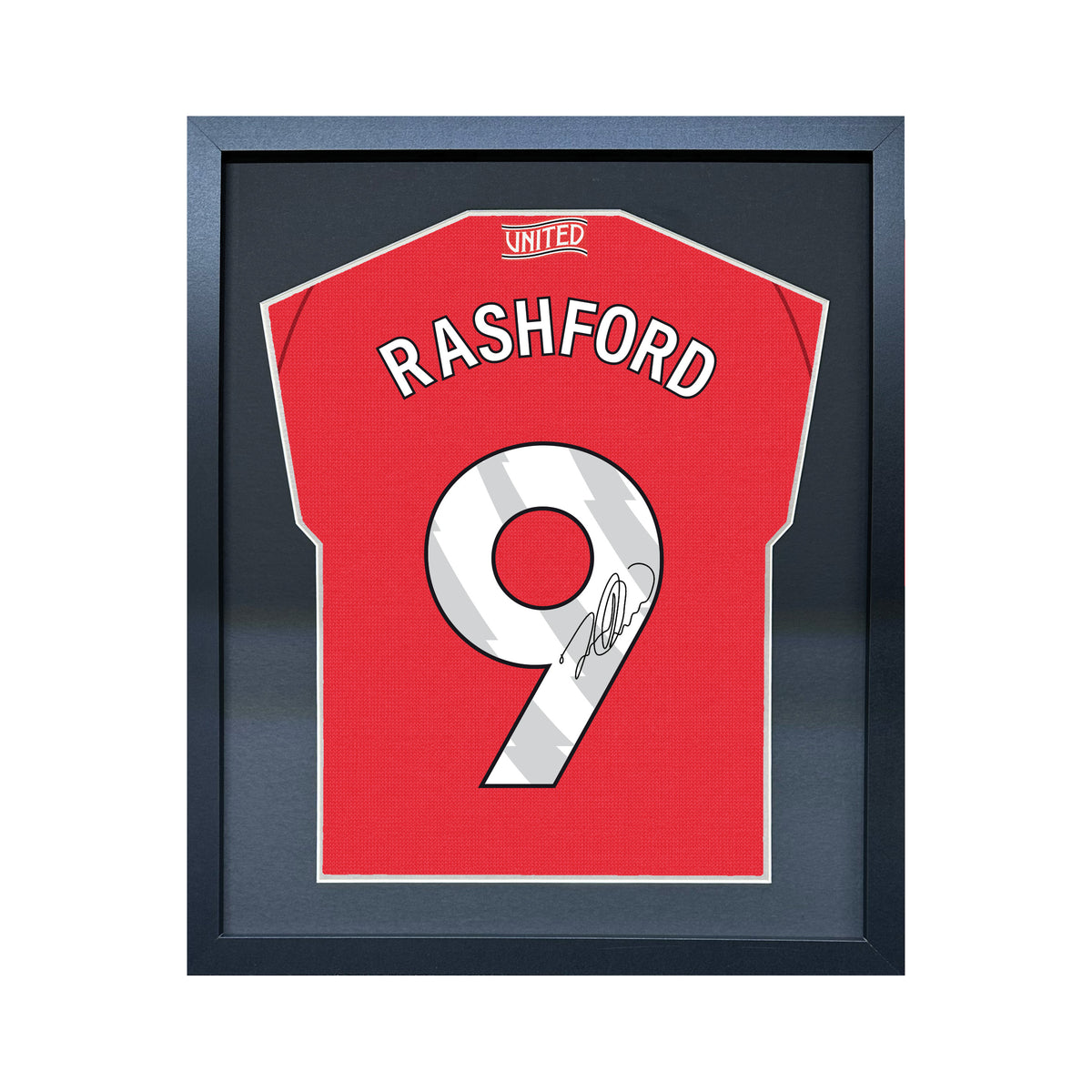 Marcus Rashford compact Gift 450 framed football display with black/silver mount and machine-applied pen signature on white background