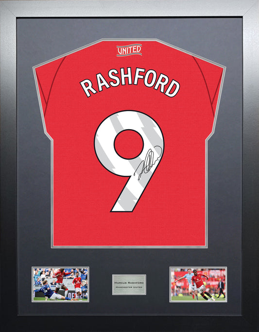 Marcus Rashford Highline framed football shirt display with machine-applied signature and black/silver mount