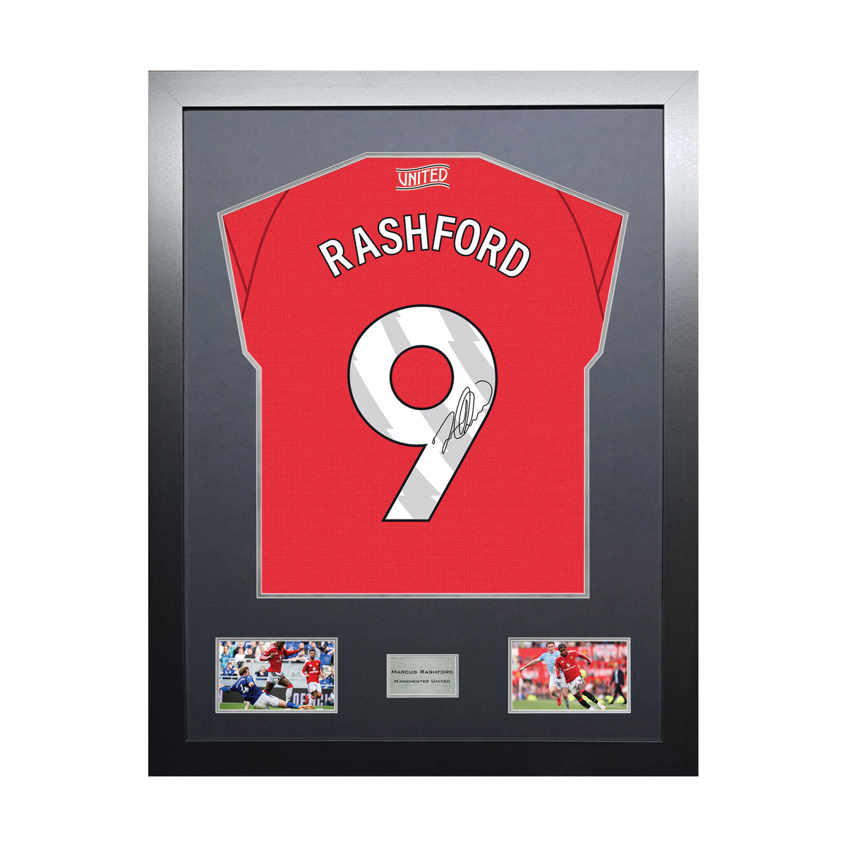 Marcus Rashford Highline framed football shirt display with machine-applied signature and black/silver mount on white background