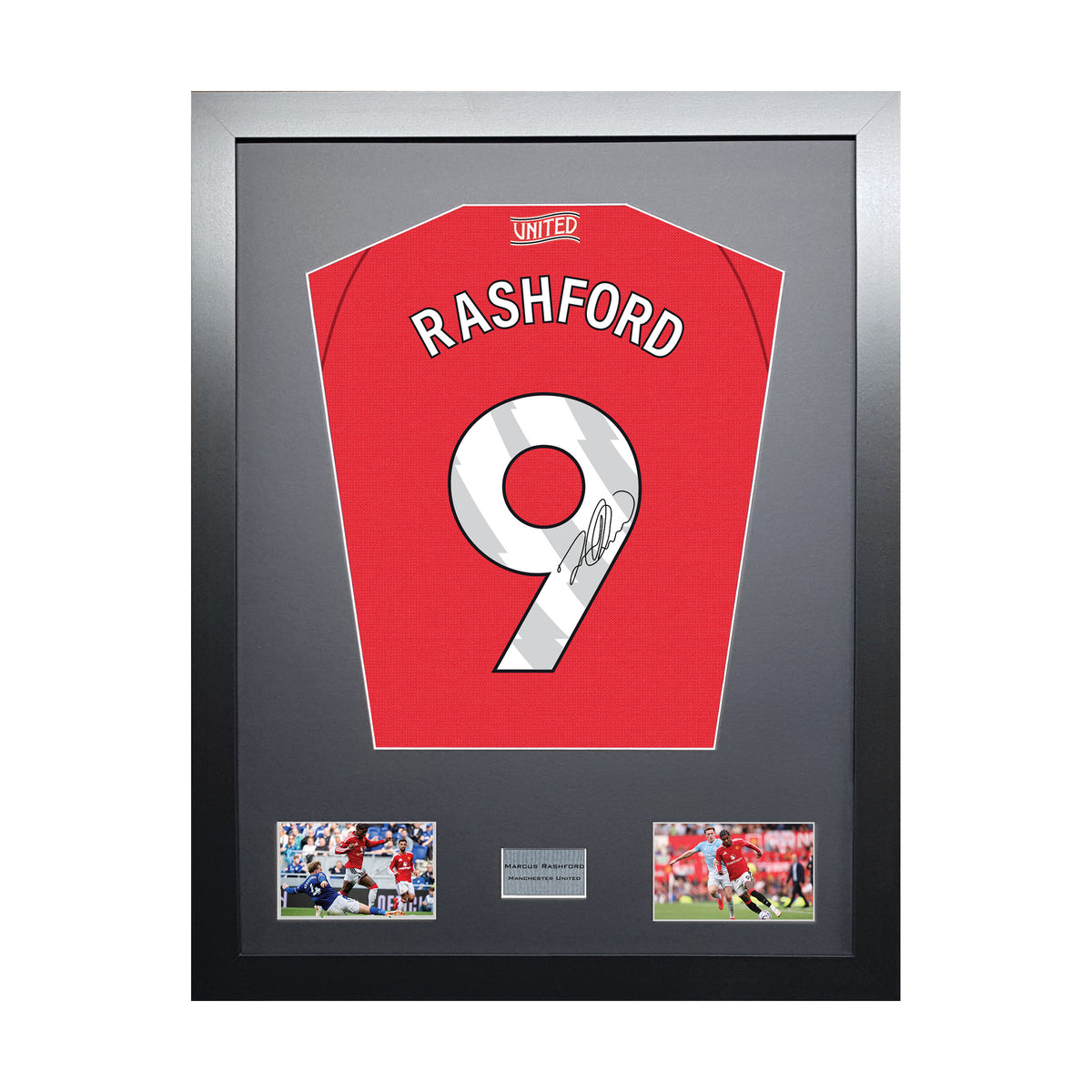 Marcus Rashford Standard framed football shirt display with machine-applied signature on white background