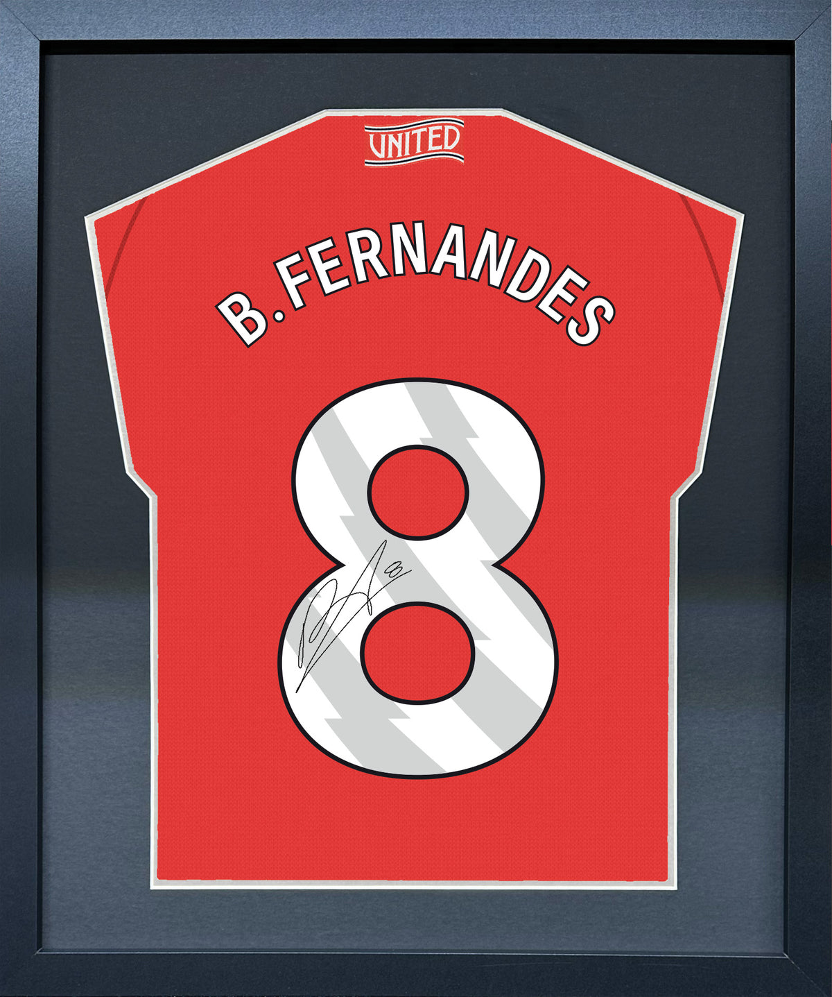 Bruno Fernandes compact Gift 450 framed football display with black/silver mount and machine-applied pen signature