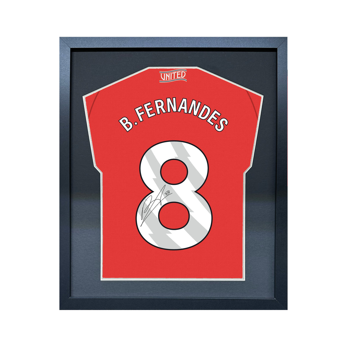 Bruno Fernandes compact Gift 450 framed football display with black/silver mount and machine-applied pen signature on white background