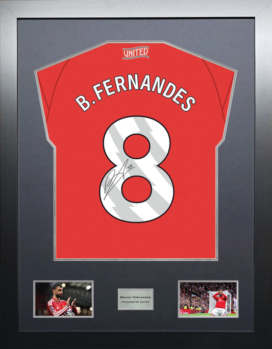 Bruno Fernandes Highline framed football shirt display with machine-applied signature and black/silver mount