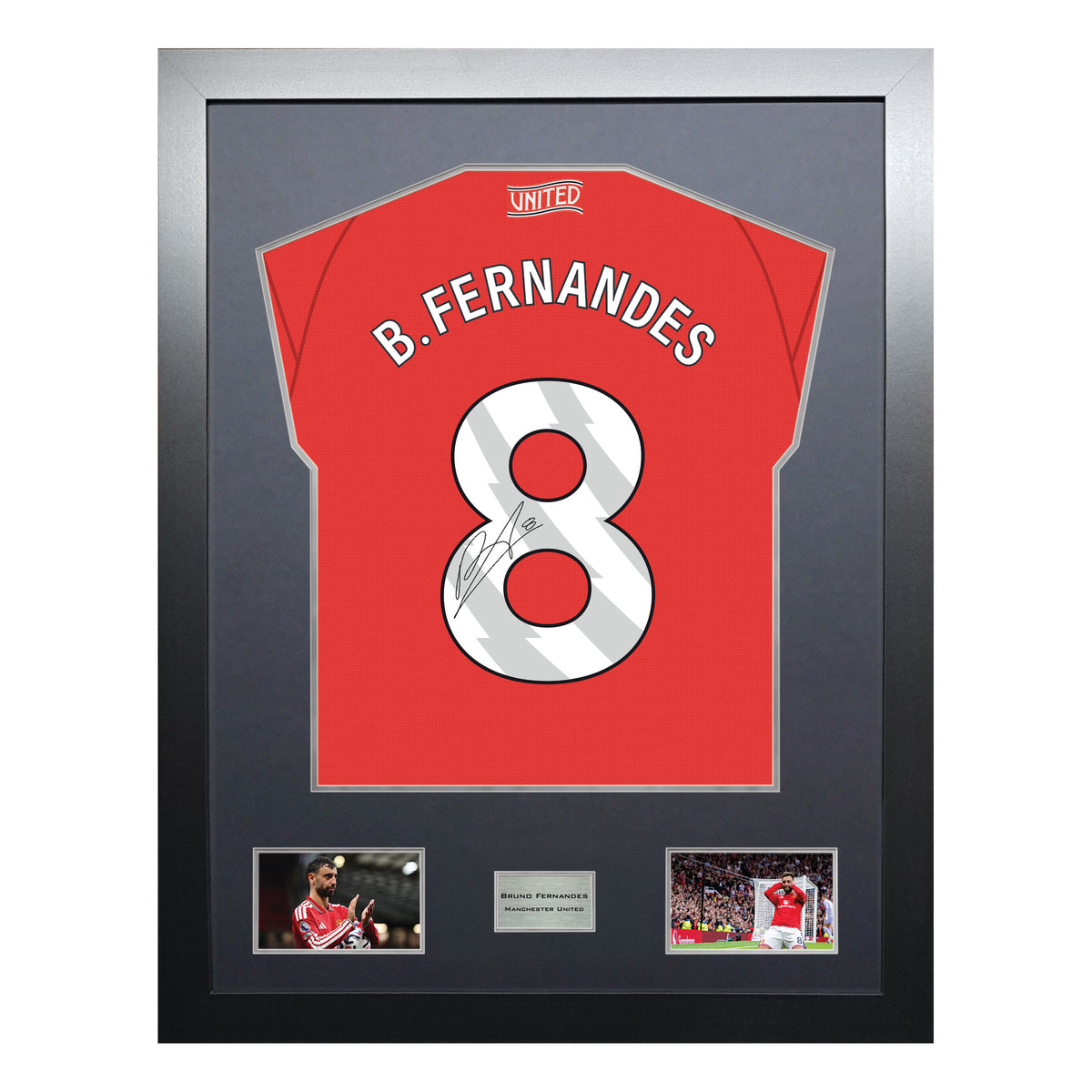 Bruno Fernandes Highline framed football shirt display with machine-applied signature and black/silver mount on white background