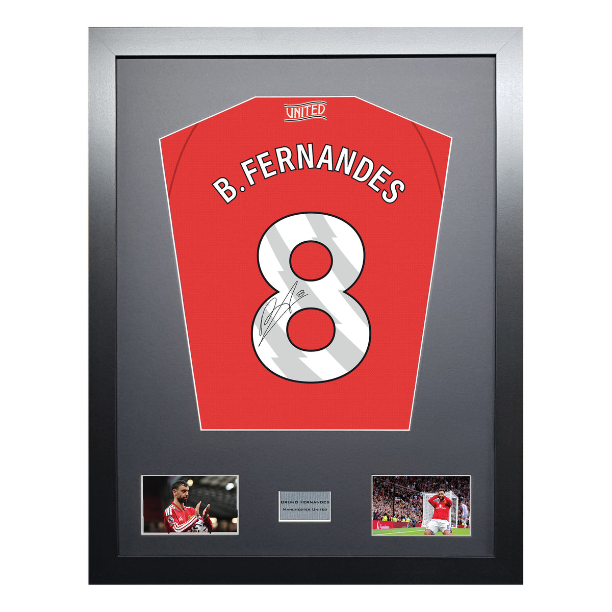 Bruno Fernandes Standard framed football shirt display with machine-applied signature on white background
