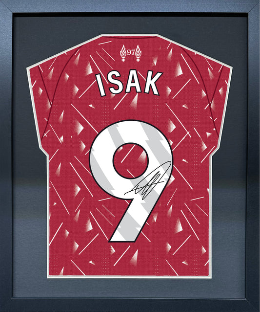 Alexander Isak compact Gift 450 framed football display with black/silver mount and machine-applied pen signature