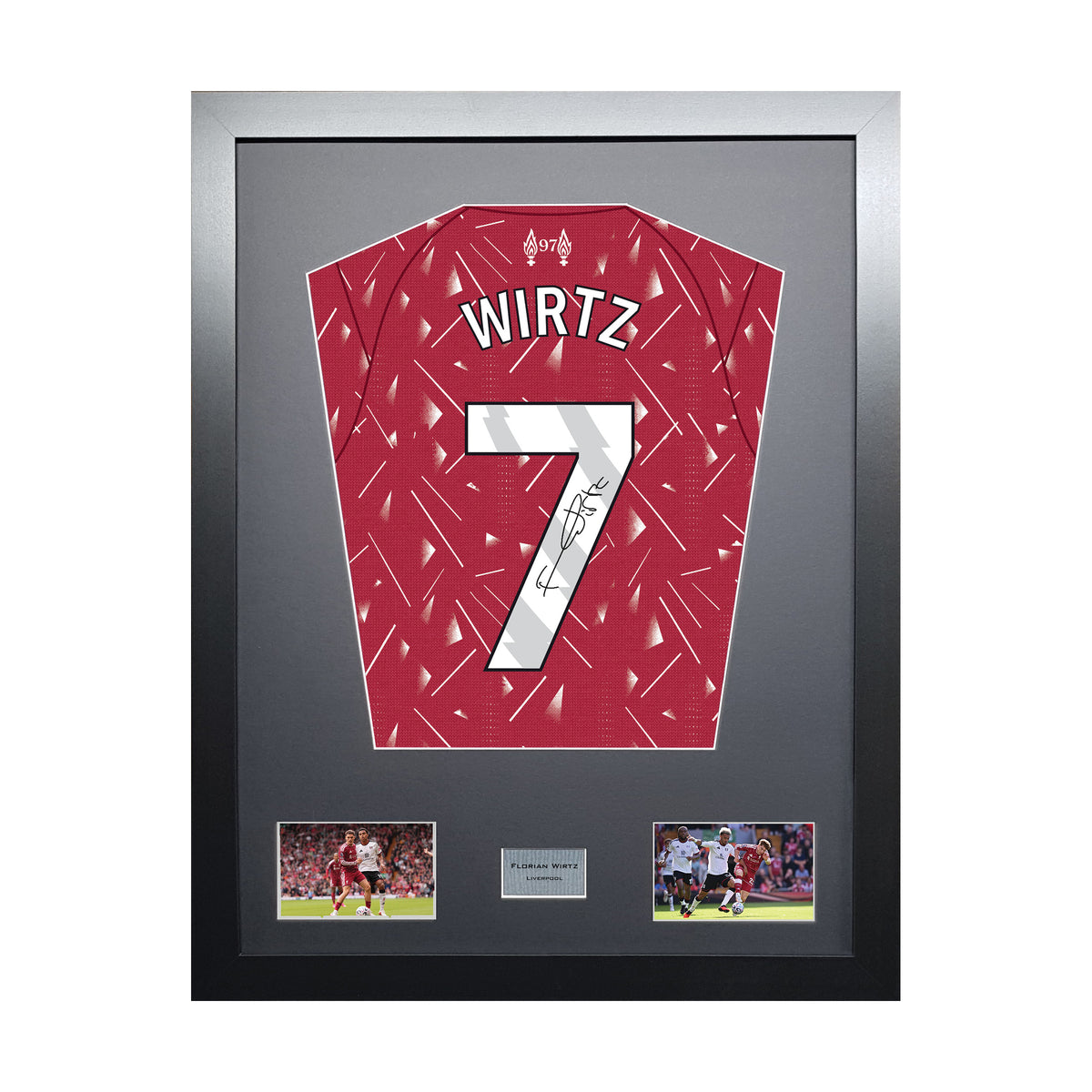 Florian Wirtz Standard framed football shirt display with machine-applied signature on white background