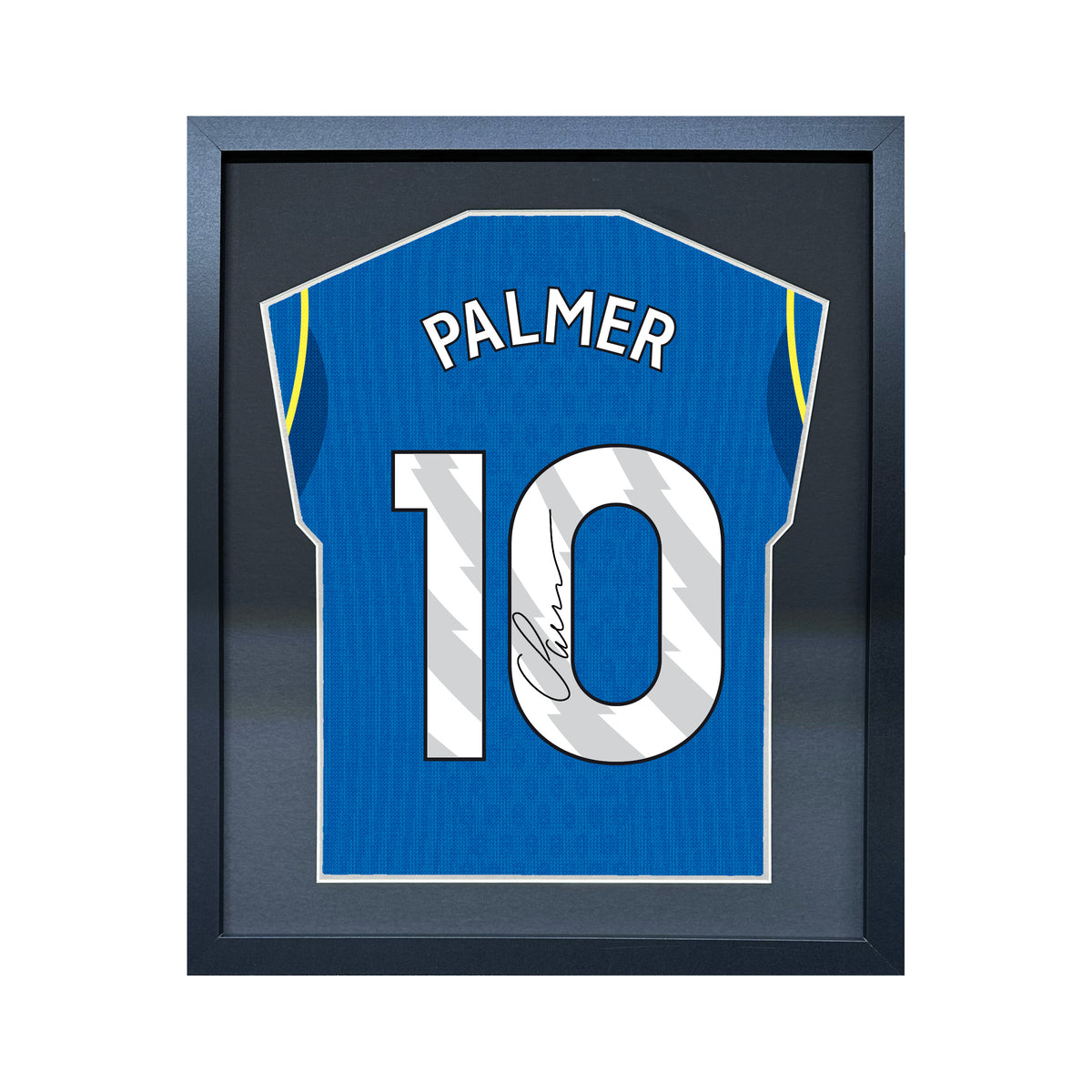 Cole Palmer compact Gift 450 framed football display with black/silver mount and machine-applied pen signature on white background
