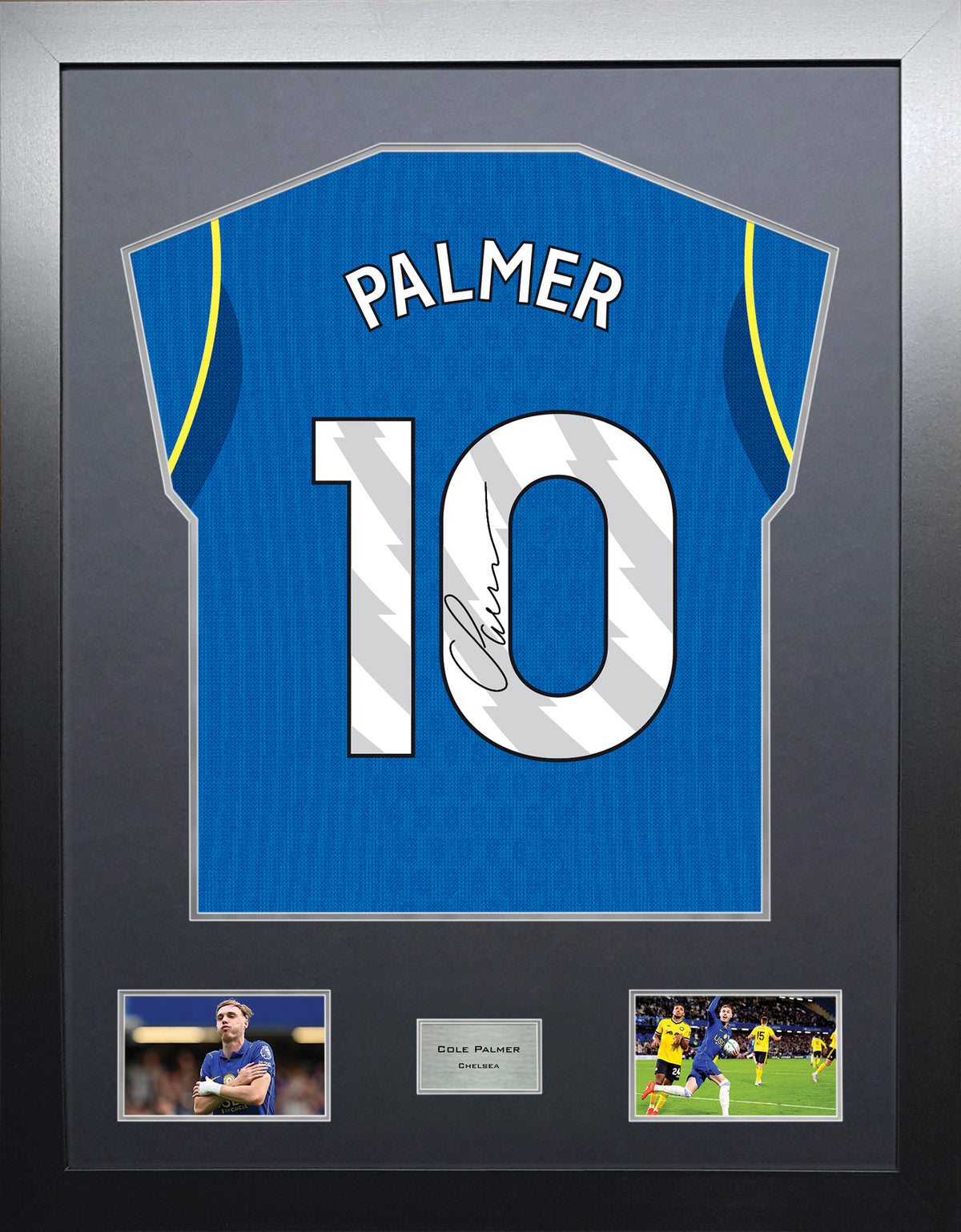 Cole Palmer Highline framed football shirt display with machine-applied signature and black/silver mount