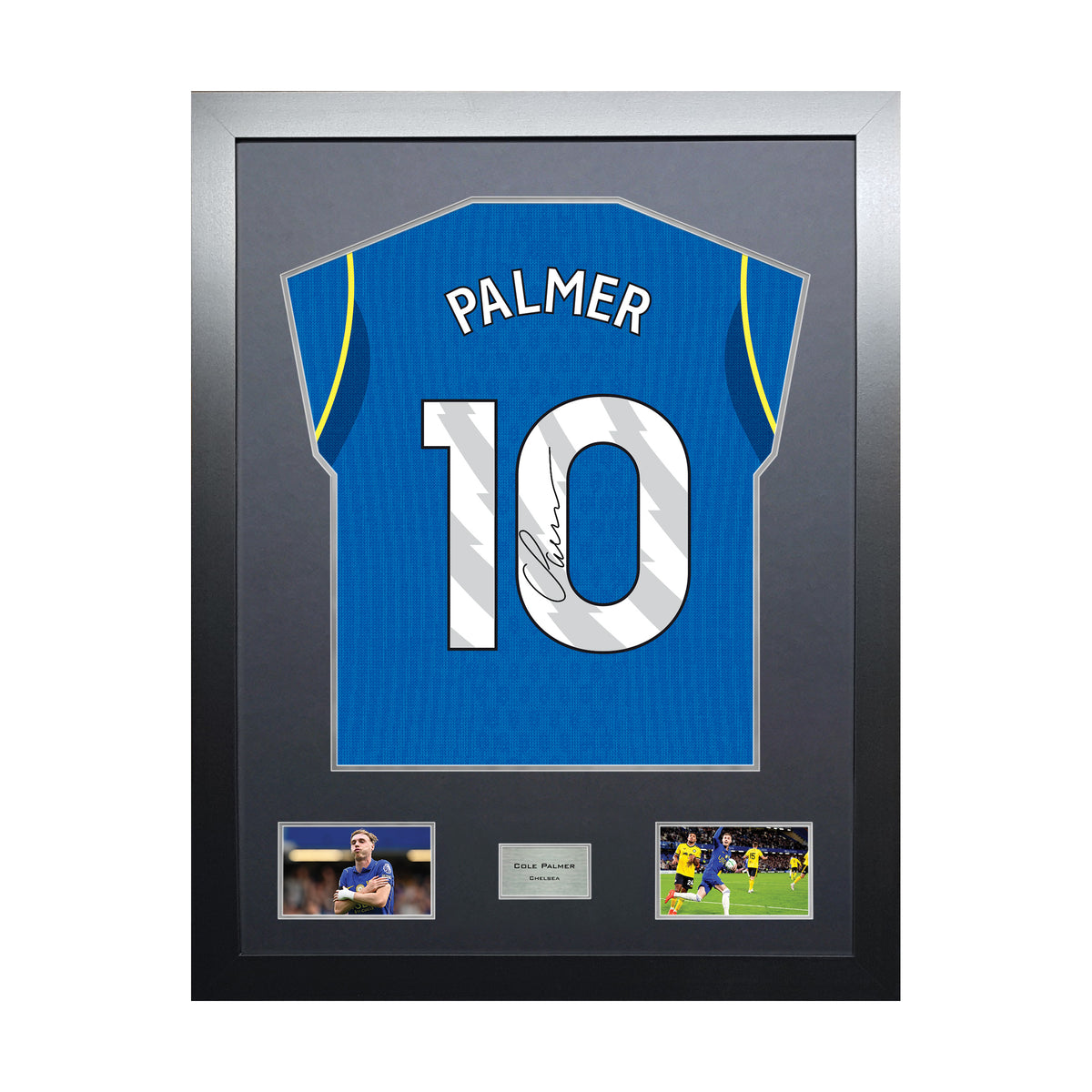 Cole Palmer Highline framed football shirt display with machine-applied signature and black/silver mount on white background